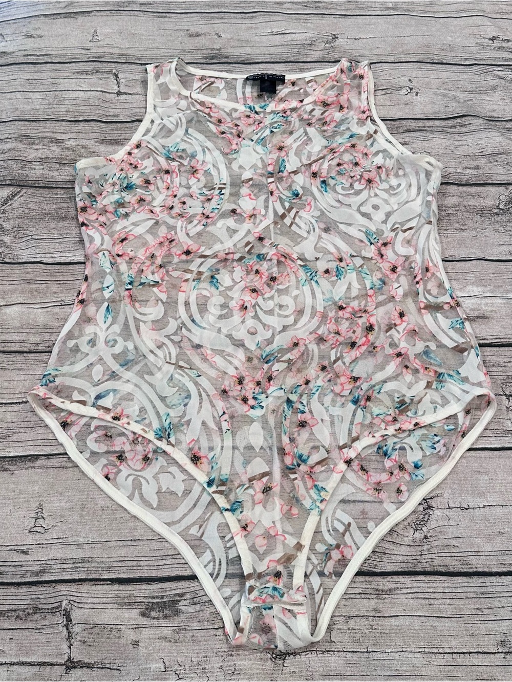 Fashion to Figure Floral Sheer Mesh Bodysuit - Pink & Teal Floral Print Size 2X